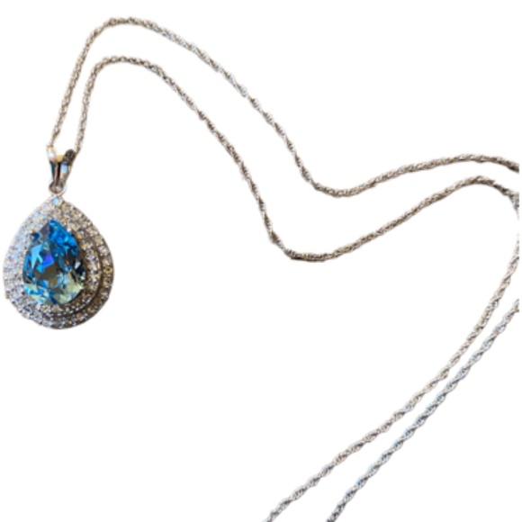 Sterling Silver Aquamarine Gemstone Necklace With Crystal Accents - Picture 3 of 8